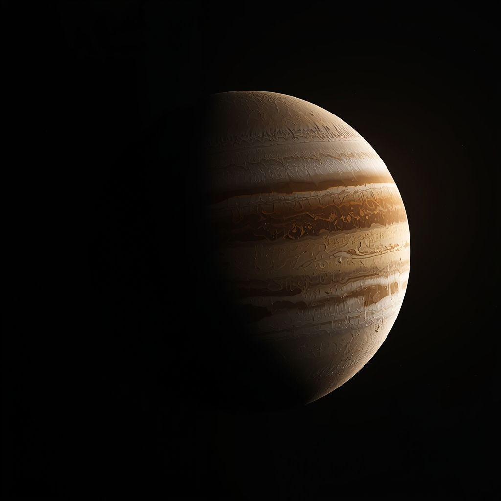Detailed gas giant Jupiter showing atmospheric bands and the Great Red Spot, cinematic 3D render for interactive solar system simulator.