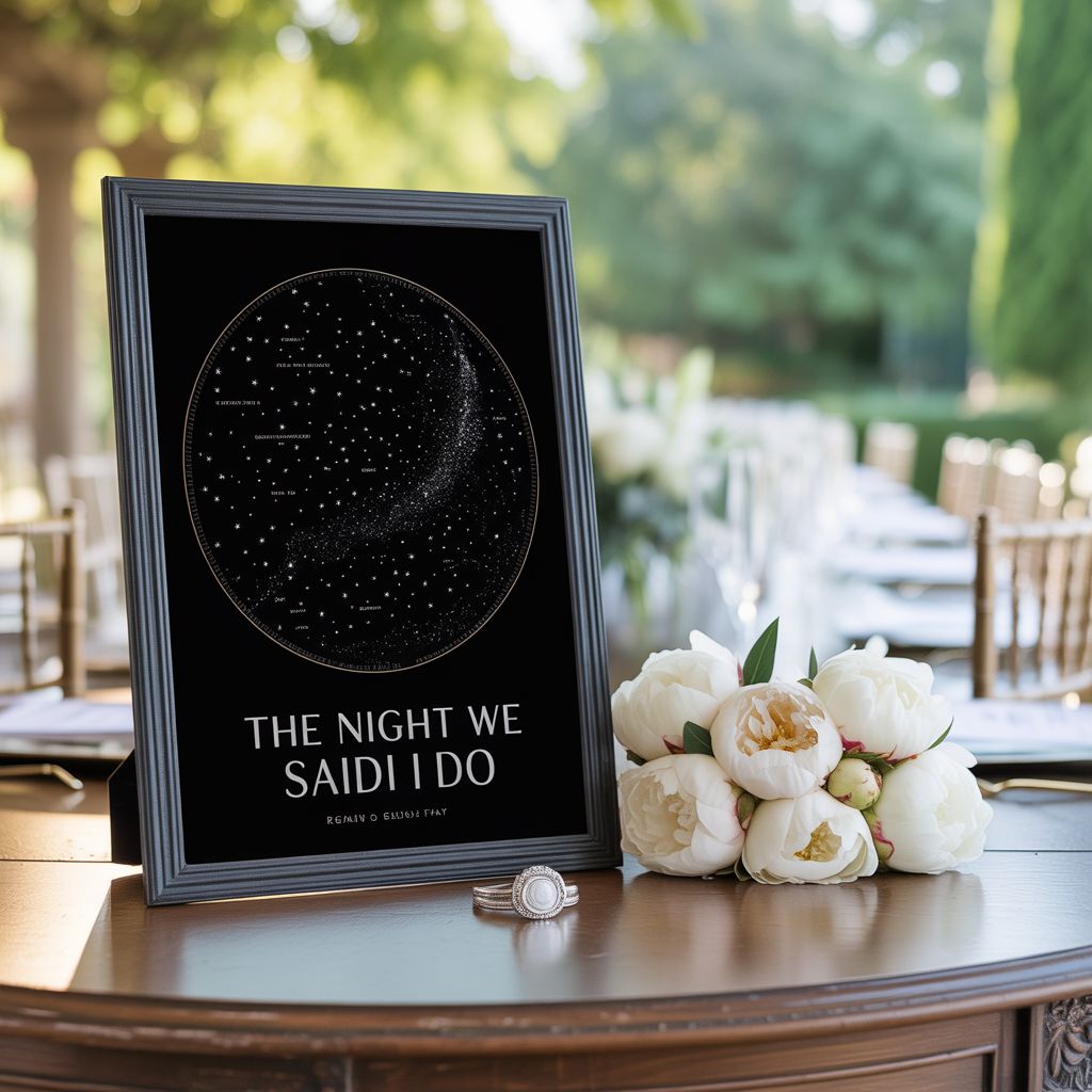 Wedding star map gift print elegant on a table with flowers wedding decor