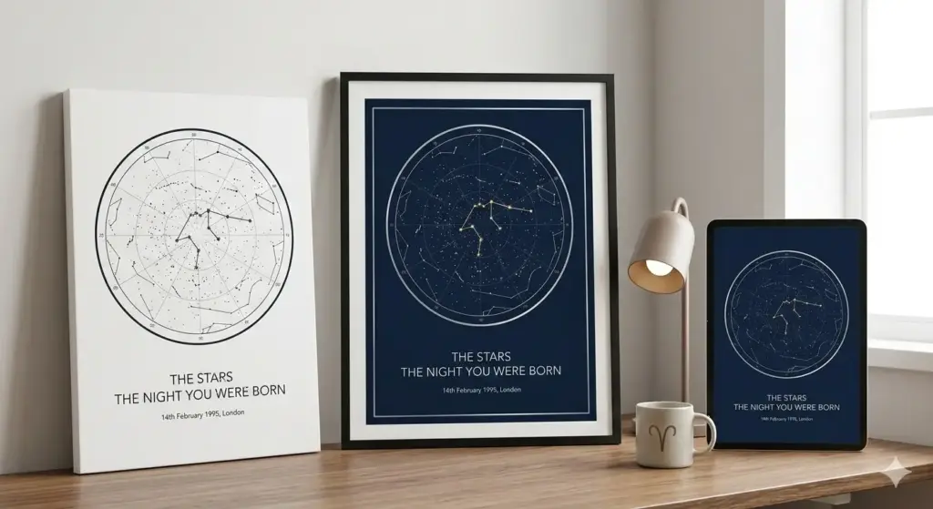 Collection of three starmaps.uk products (framed poster, canvas, and digital map) showing the Aries constellation design.