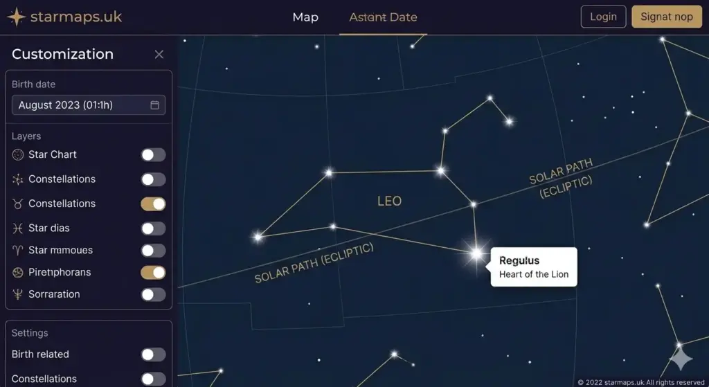 Technical close-up showing the Leo constellation and Ecliptic line on the starmaps.uk accurate star map generator.
