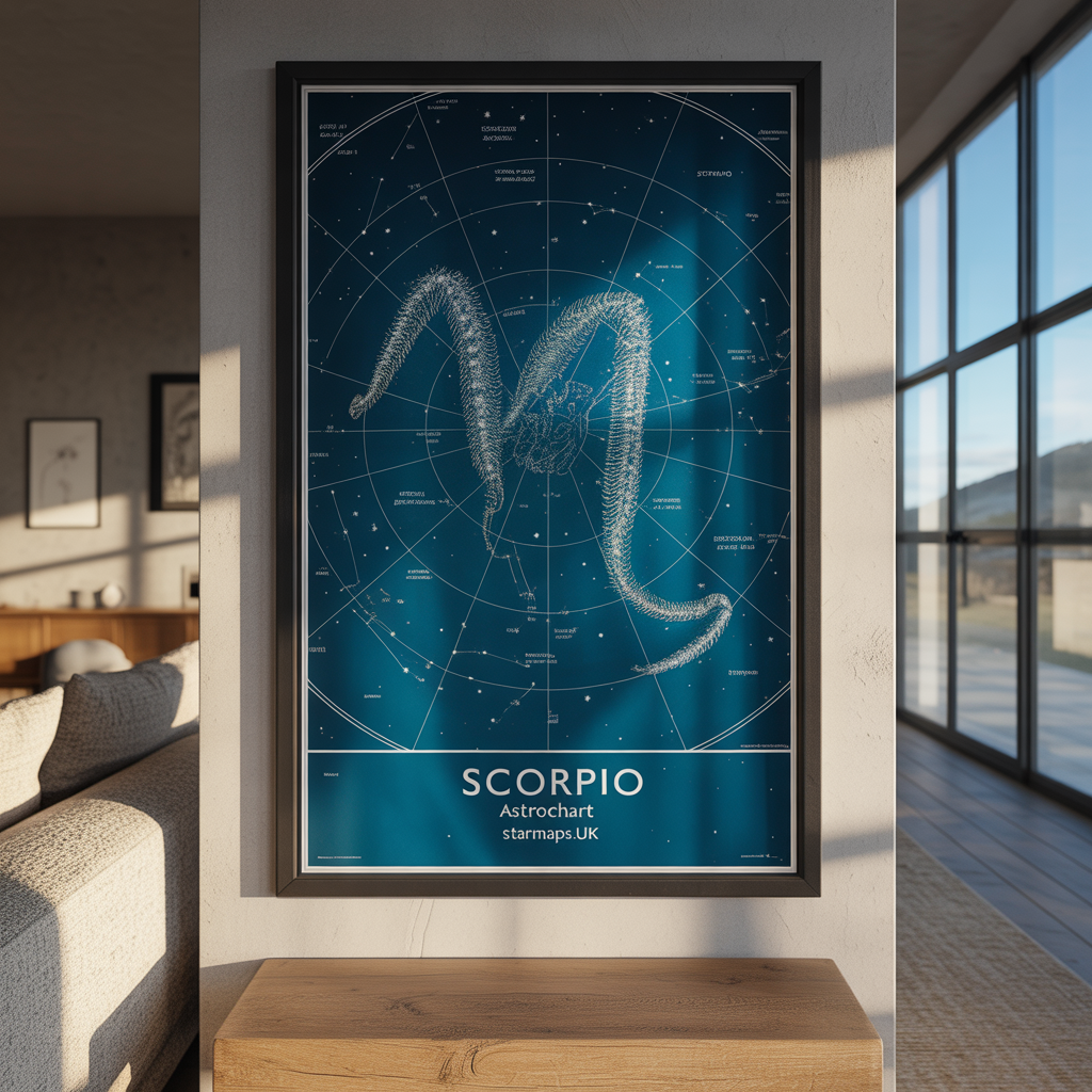 High-resolution Scorpio zodiac star map framed in a modern living room.