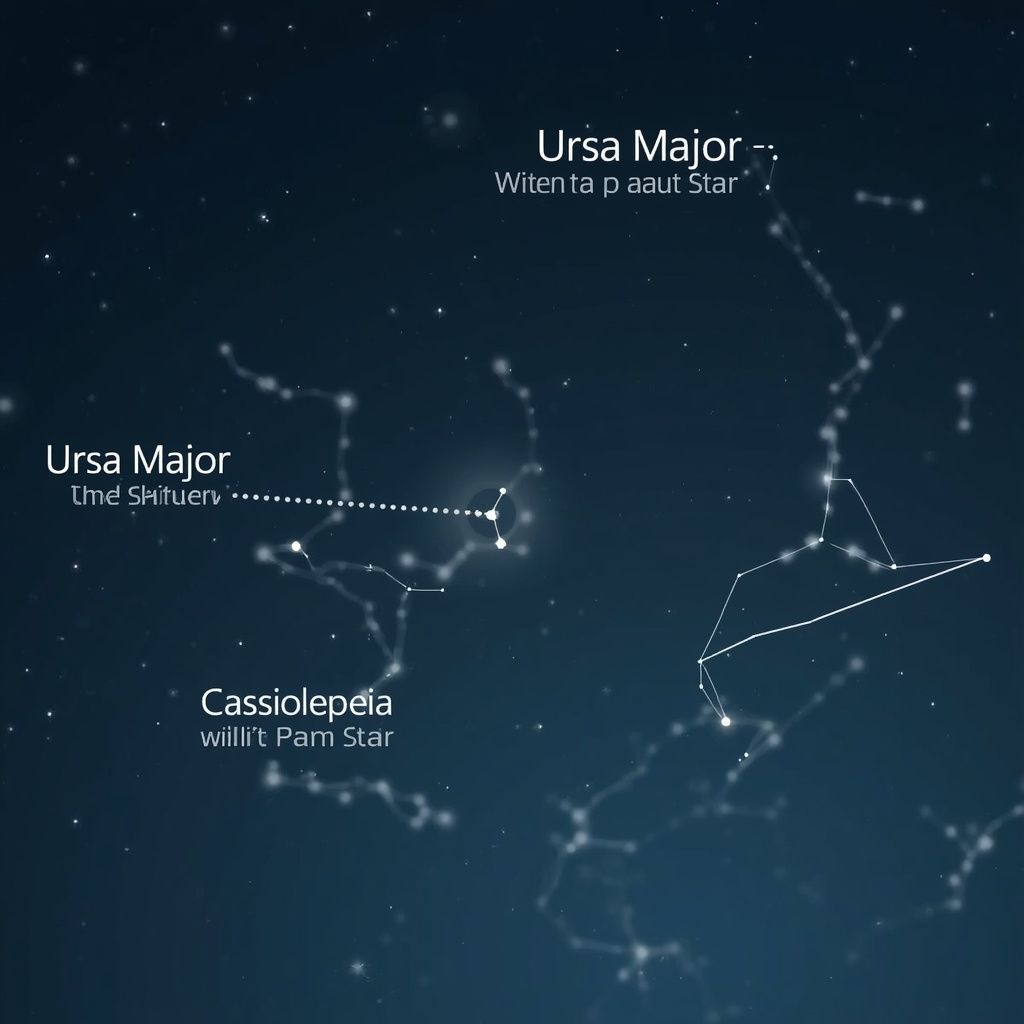 Map of circumpolar constellations Ursa Major and Cassiopeia pointing to Polaris in the UK night sky