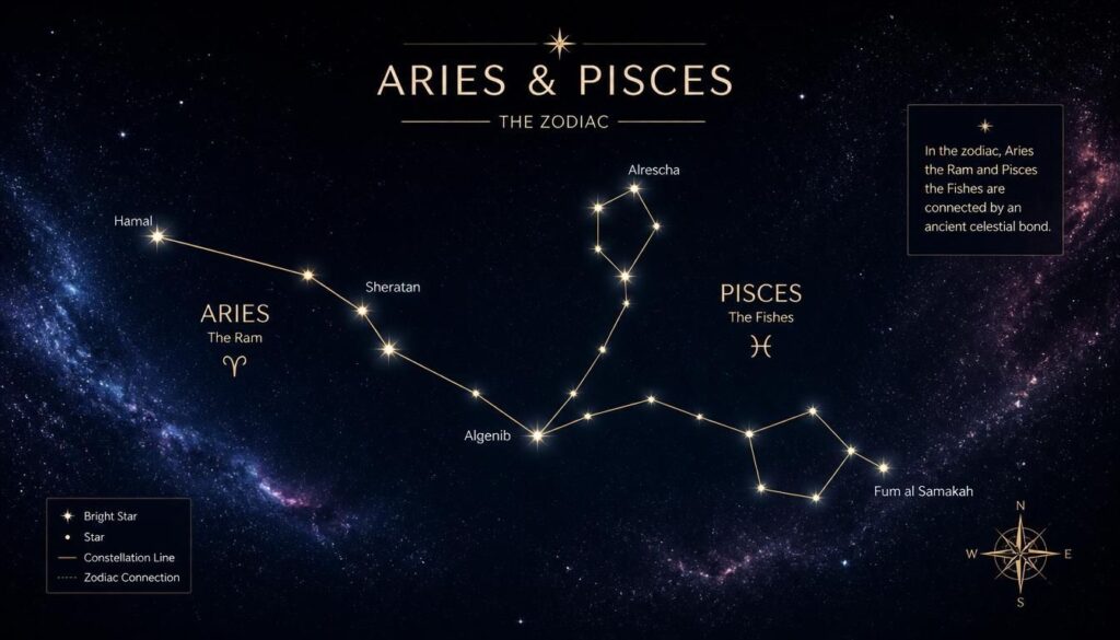 Stellar map of Aries and Pisces zodiac constellations visible from the UK
