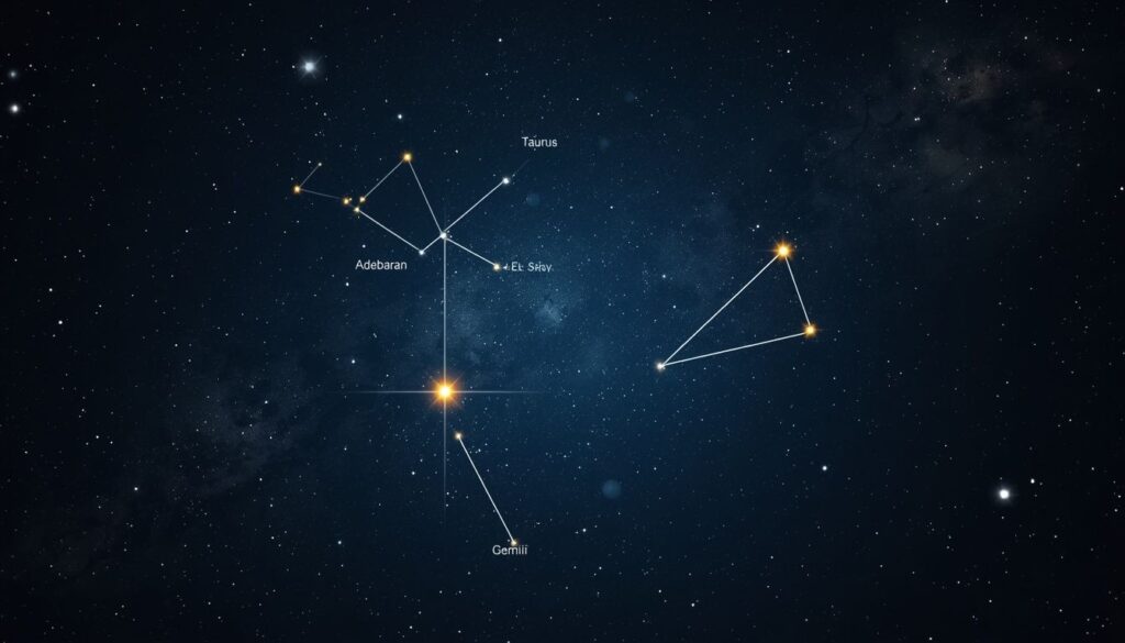 Astronomical chart of Taurus and Gemini zodiac constellations in the winter UK sky