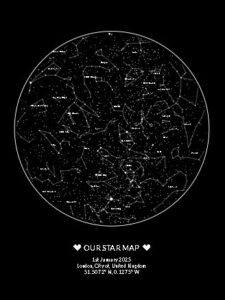 Detail of a custom star chart showing accurate constellations from the Yale Bright Star Catalogue..