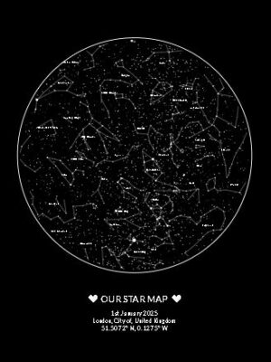 Detail of a custom star chart showing accurate constellations from the Yale Bright Star Catalogue..