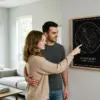 A happy couple looking at their personalised star map gift, a custom night sky poster for their wedding anniversary.
