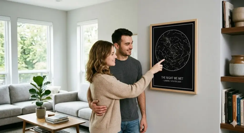 A happy couple looking at their personalised star map gift, a custom night sky poster for their wedding anniversary.